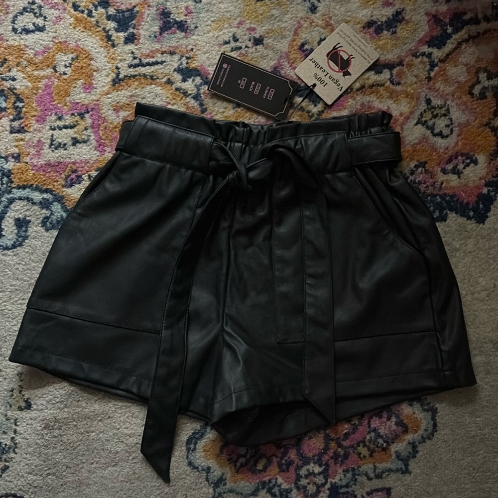 Faux leather paper bag shorts with matching tie belt